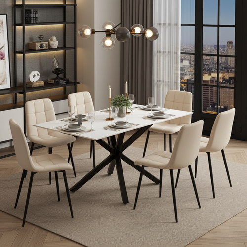Dining room with a white table and beige chairs, featuring a cityscape view.