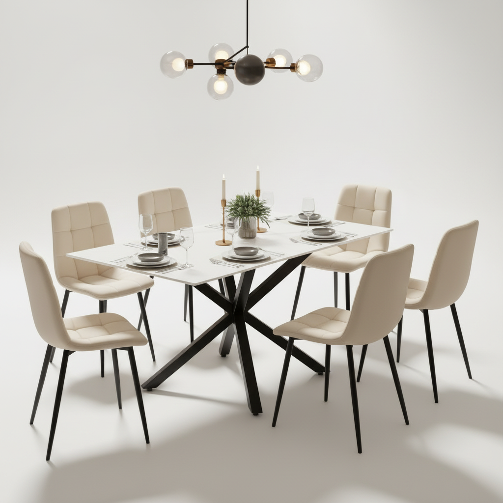 Astra 7-Piece Dining Set – White Ceramic Top & Beige Velvet Chairs