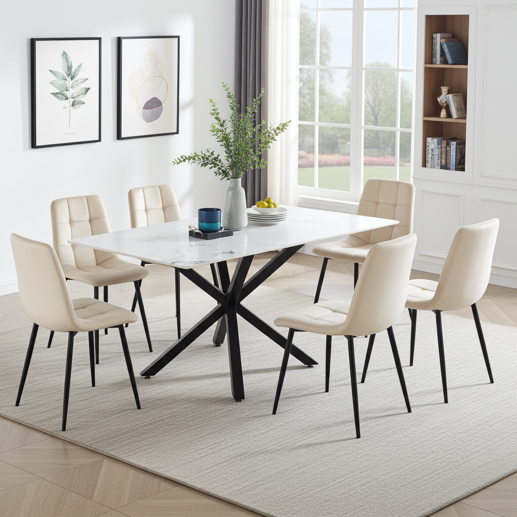 Dining room with a white table and beige chairs near a large window.