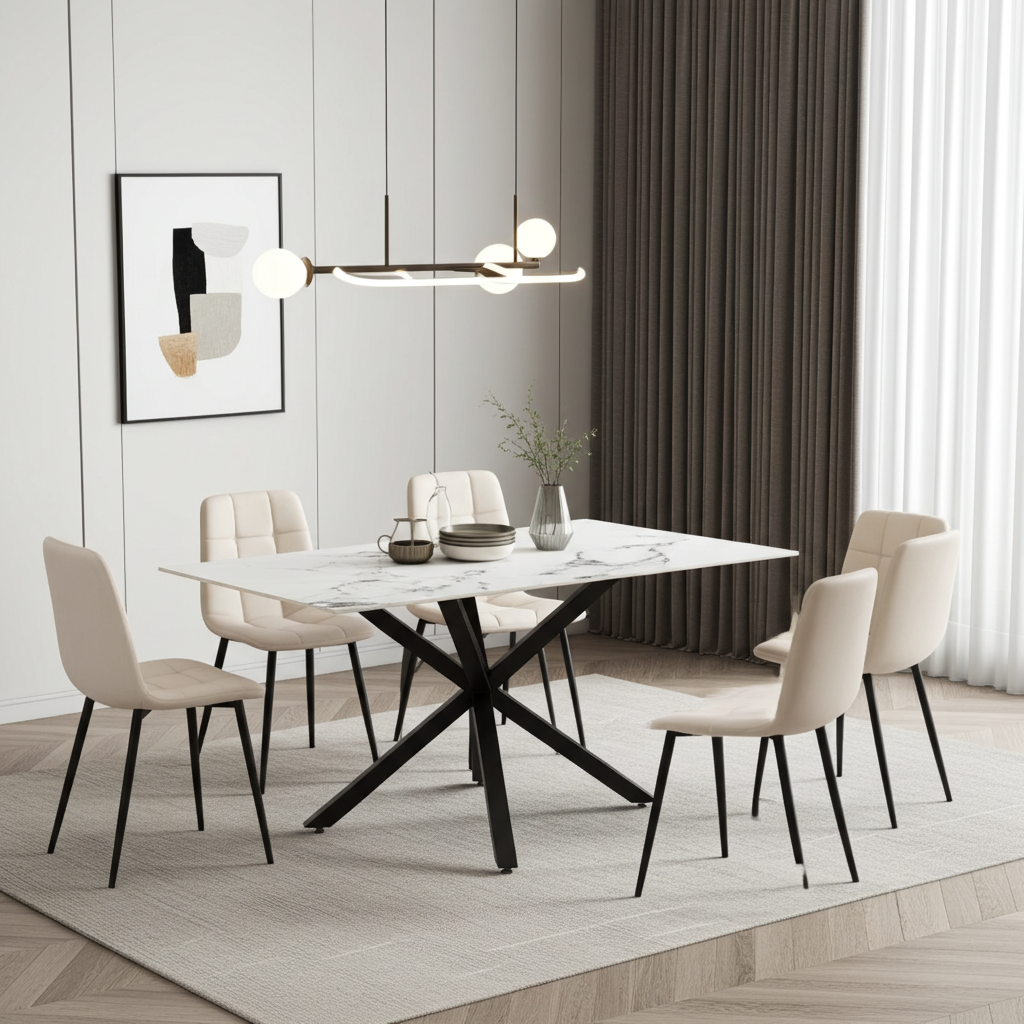 Astra 7-Piece Dining Set – White Ceramic Top & Beige Velvet Chairs