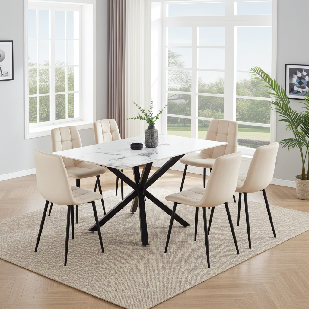 Dining room with a marble table and beige chairs in a bright room.