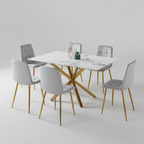 Juego de comedor Aurora de 7 piezas: tapa de cerámica blanca con sillas de terciopelo gris y patas doradas