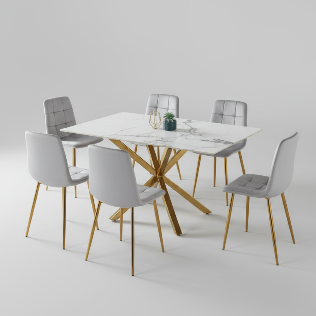 Aurora 7-Piece Dining Set – White Ceramic Top with Grey Velvet Chairs & Gold Legs