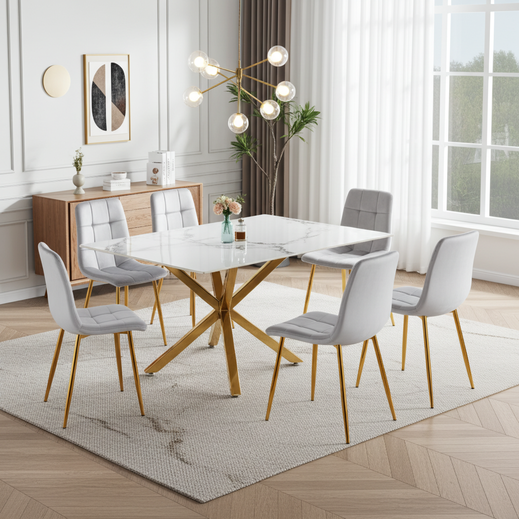Aurora 7-Piece Dining Set – White Ceramic Top with Grey Velvet Chairs & Gold Legs