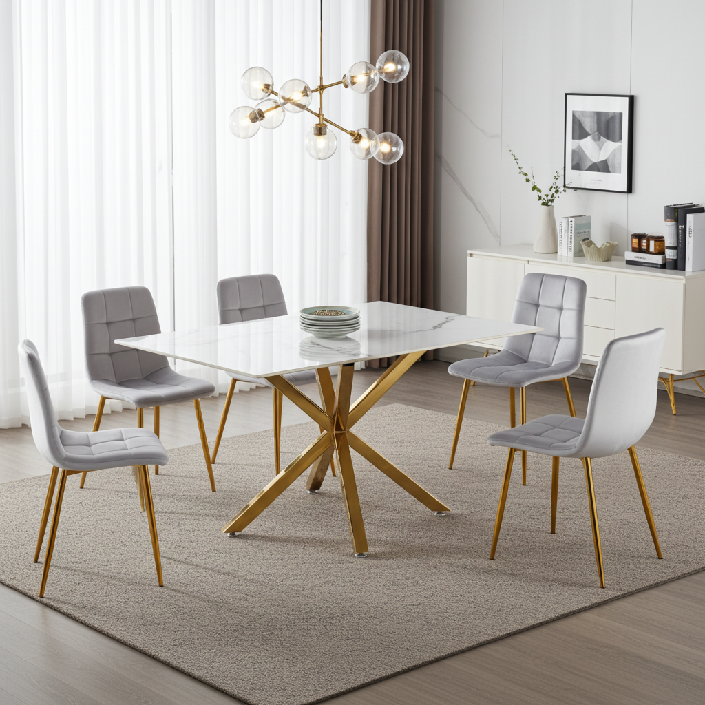 Aurora 7-Piece Dining Set – White Ceramic Top with Grey Velvet Chairs & Gold Legs