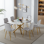Juego de comedor Aurora de 7 piezas: tapa de cerámica blanca con sillas de terciopelo gris y patas doradas