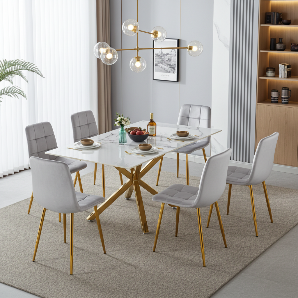 Aurora 7-Piece Dining Set – White Ceramic Top with Grey Velvet Chairs & Gold Legs