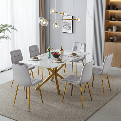 Aurora 7-Piece Dining Set – White Ceramic Top with Grey Velvet Chairs & Gold Legs