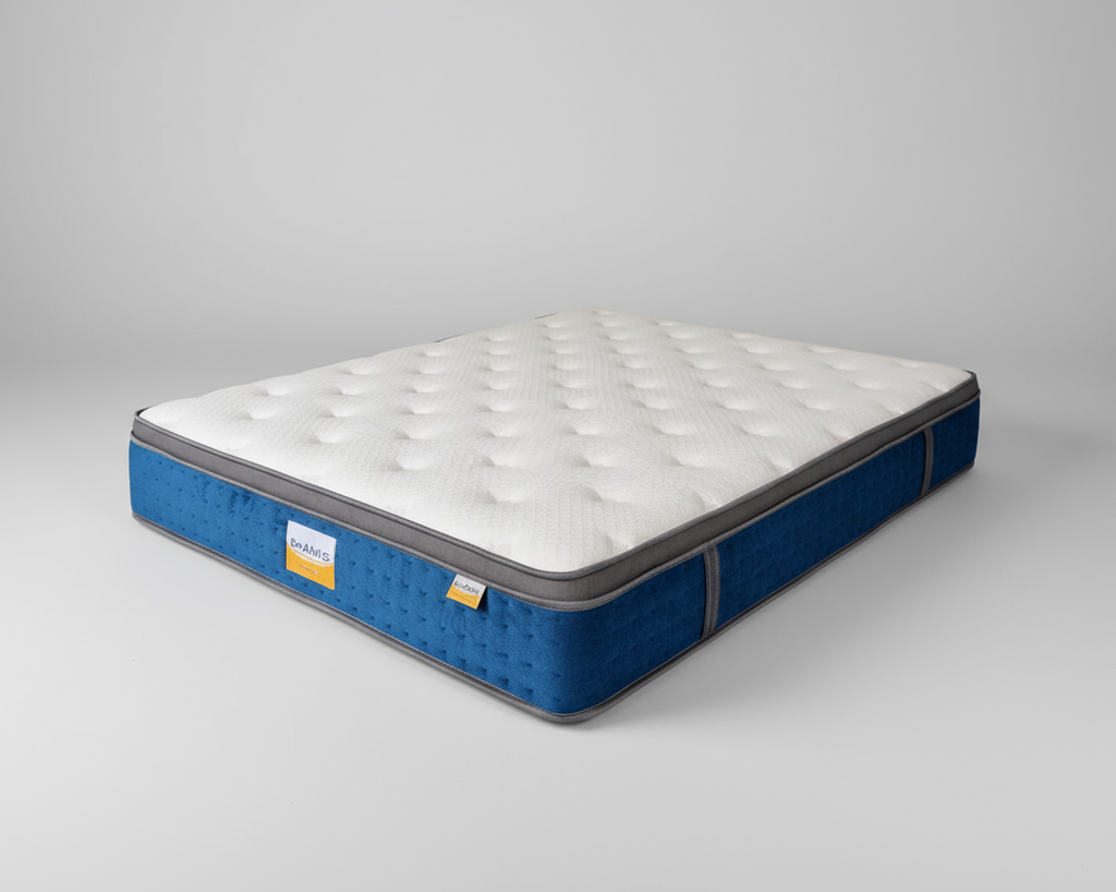 Mattress with blue base and white top on a white background