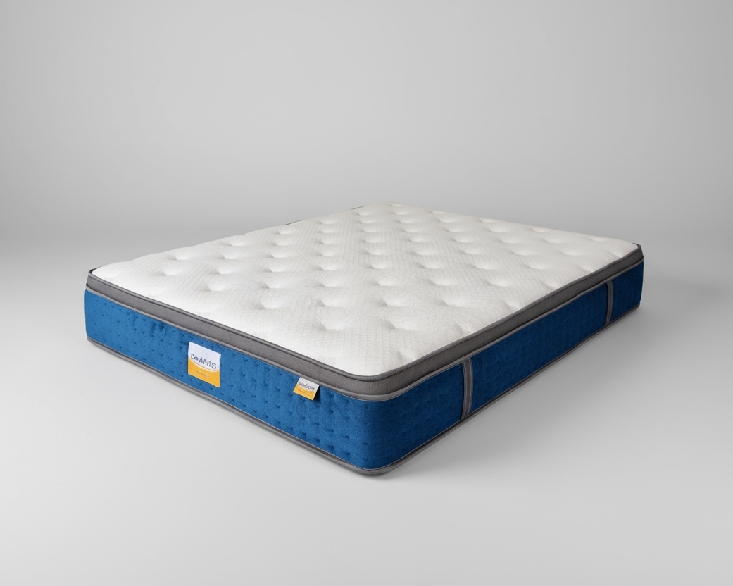 Mattress with blue base and white top on a white background