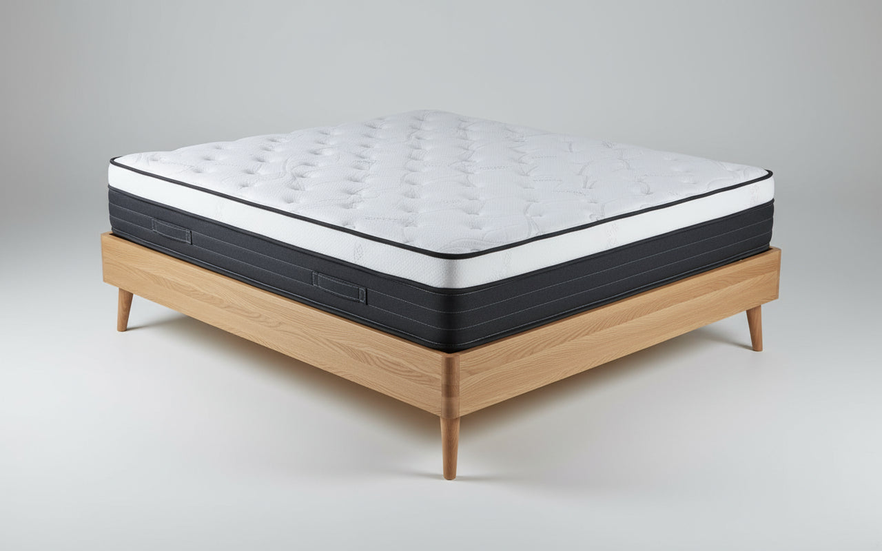 Mattress with white top and black sides on a white background