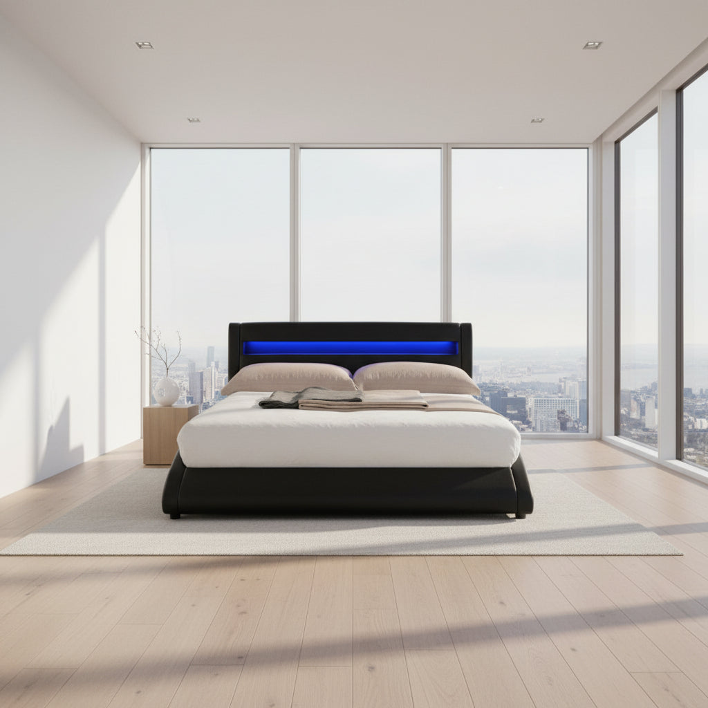 Modern bed with black frame and LED lighting in a minimalistic room.