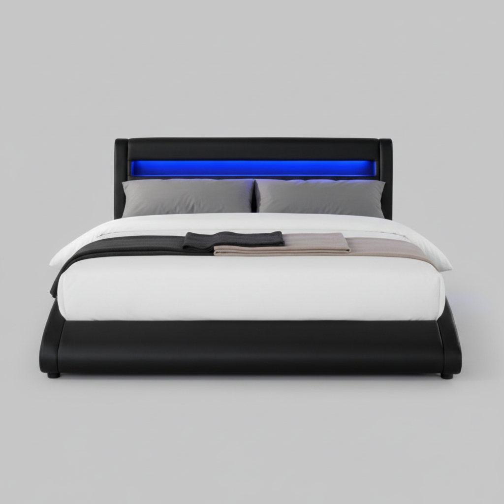 Luminous Edge LED Bed Frame – Modern Leather Bed with Ambient Headboard Lighting - Black / White