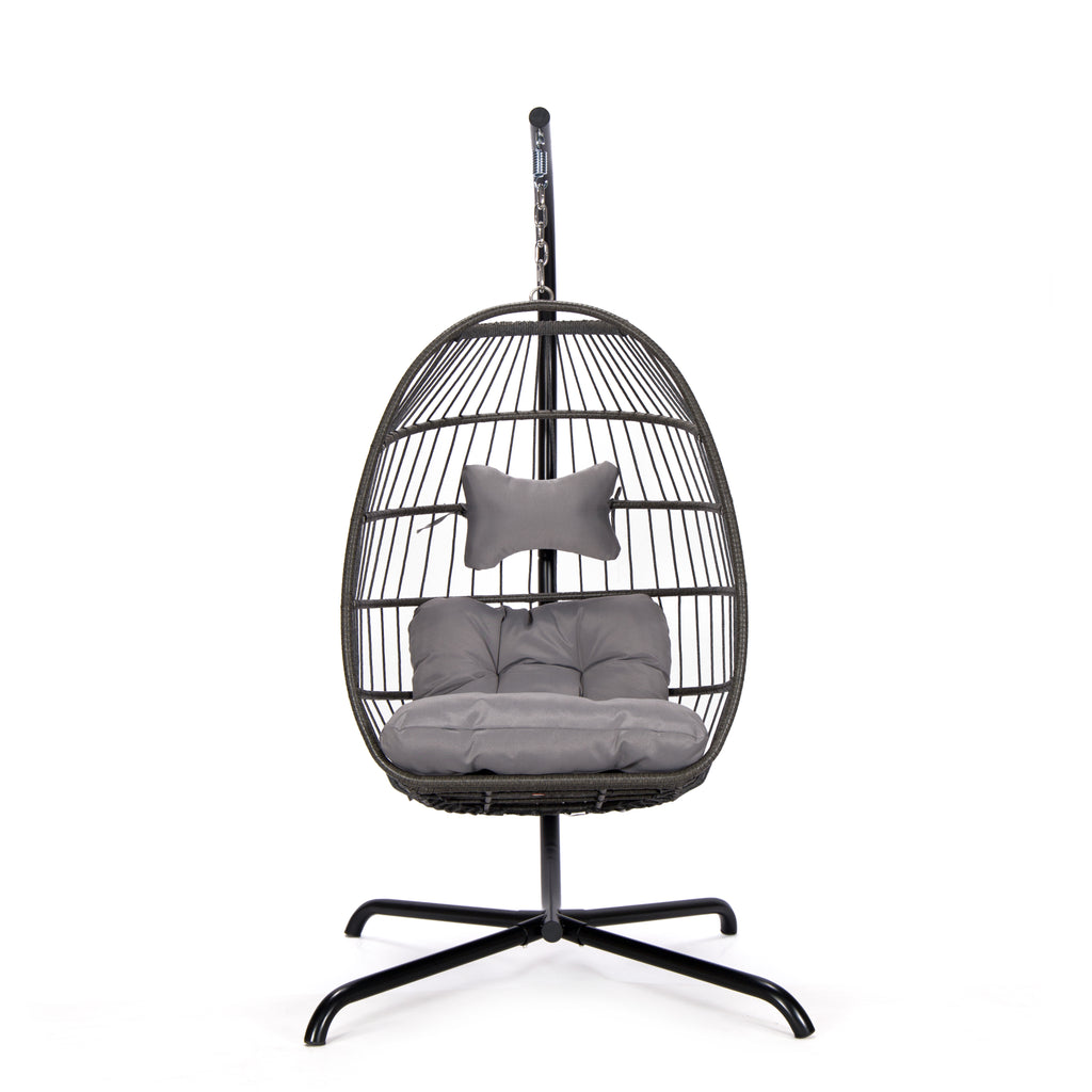 Hanging egg-shaped chair with gray cushions on a white background