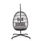 Hanging egg-shaped chair with gray cushions on a white background
