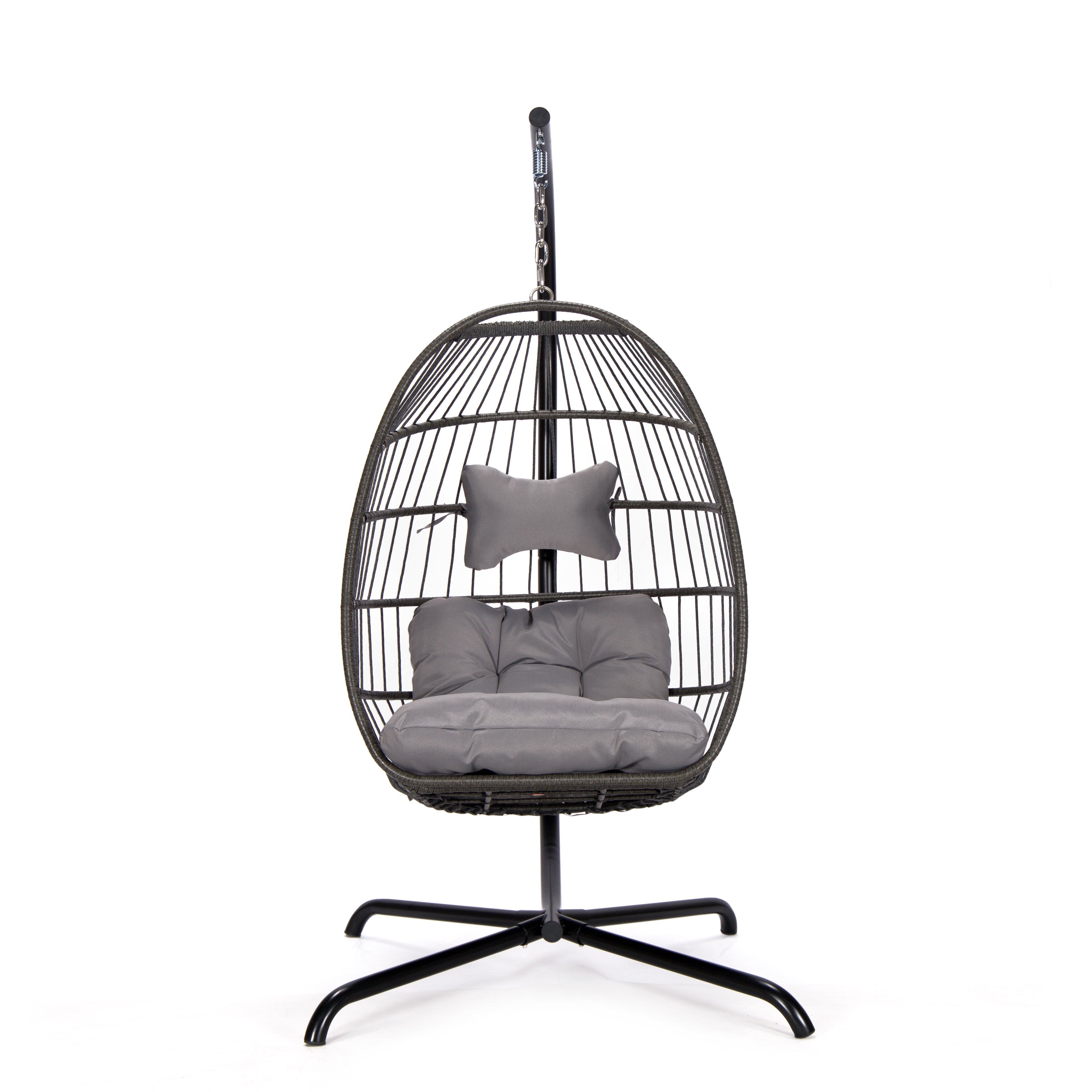 Hanging egg-shaped chair with gray cushions on a white background
