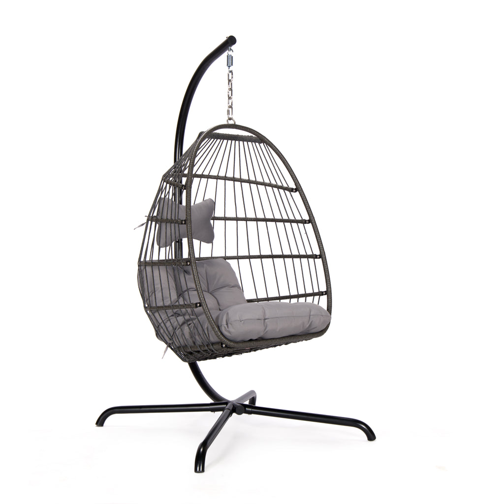 Hanging egg chair with gray cushion on a white background