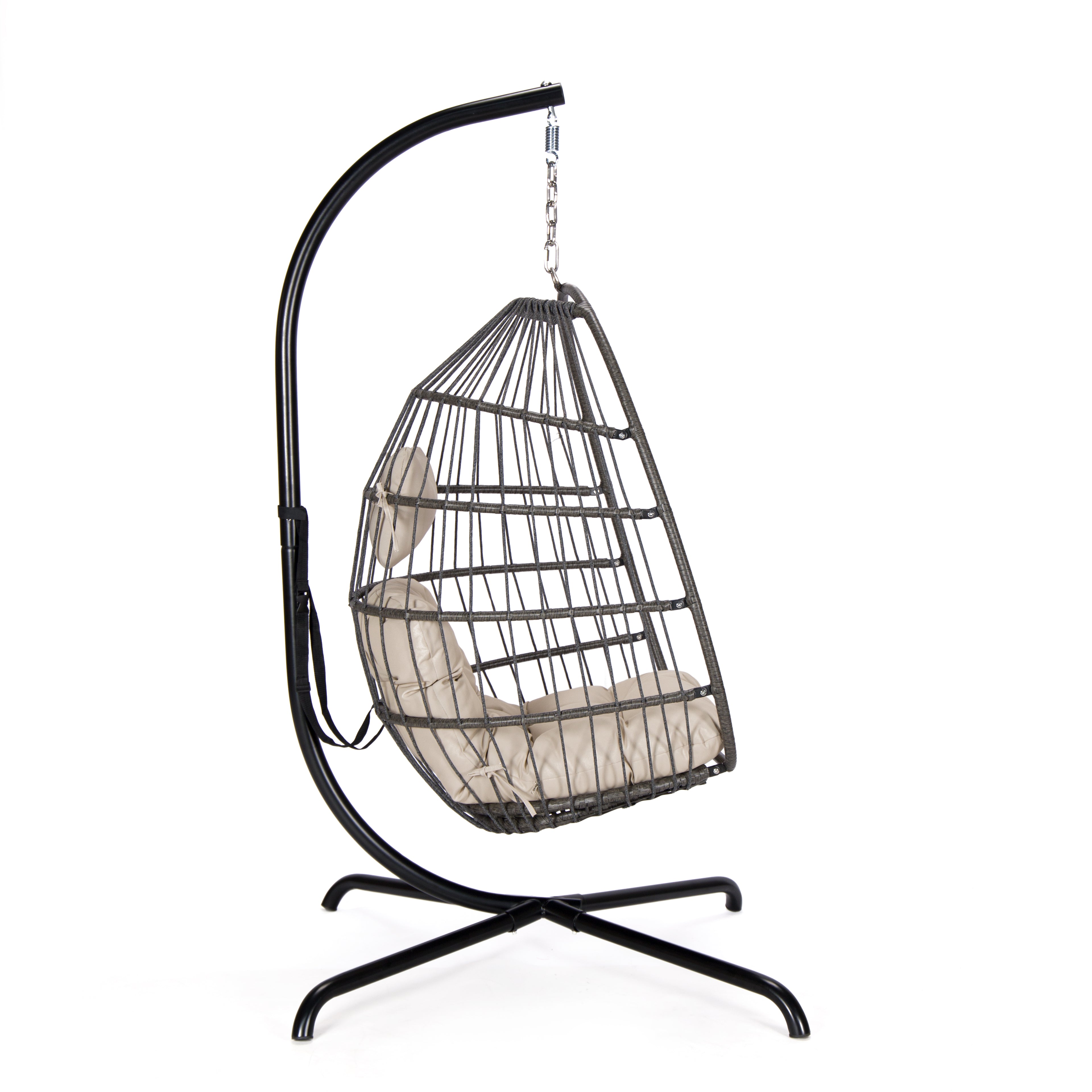 Foldable Hanging Egg Chair with Stand – Black Frame & Beige Cushion