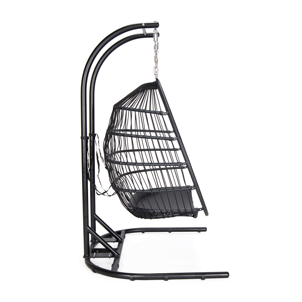 Double Foldable Hanging Egg Chair with Stand – Black Frame & Beige Cushion