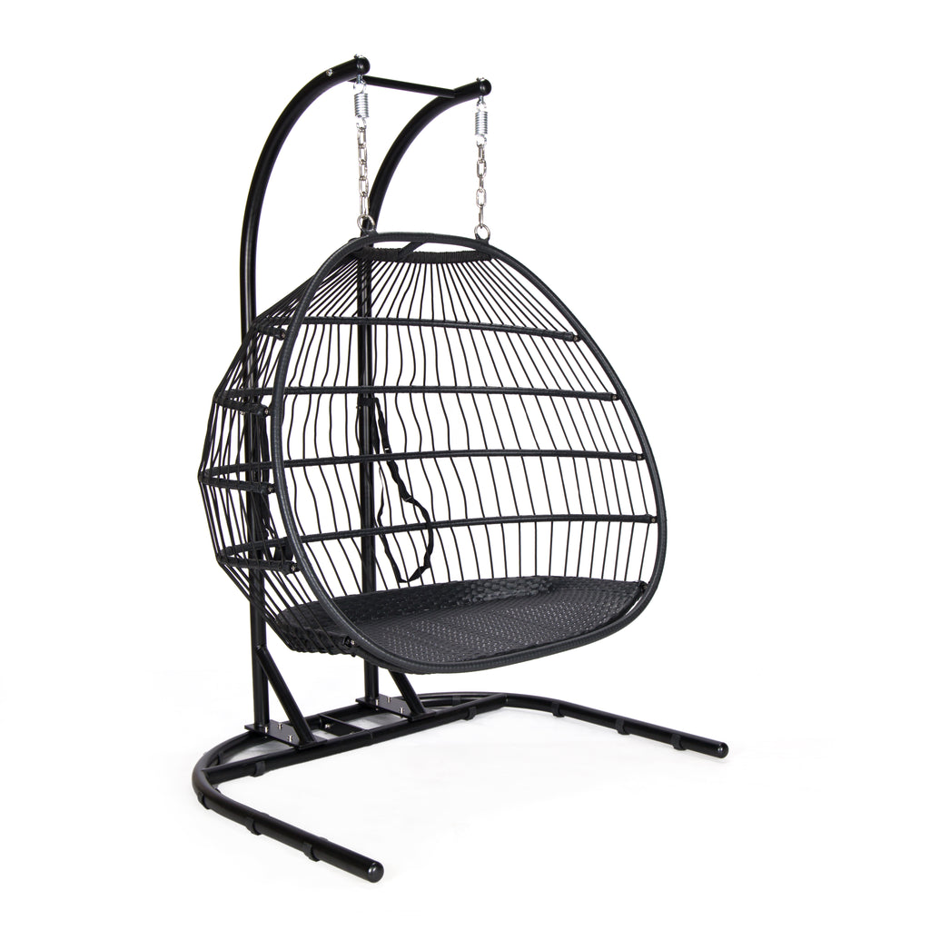 Double Foldable Hanging Egg Chair with Stand – Black Frame & Beige Cushion