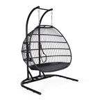 Double Foldable Hanging Egg Chair with Stand – Black Frame & Beige Cushion