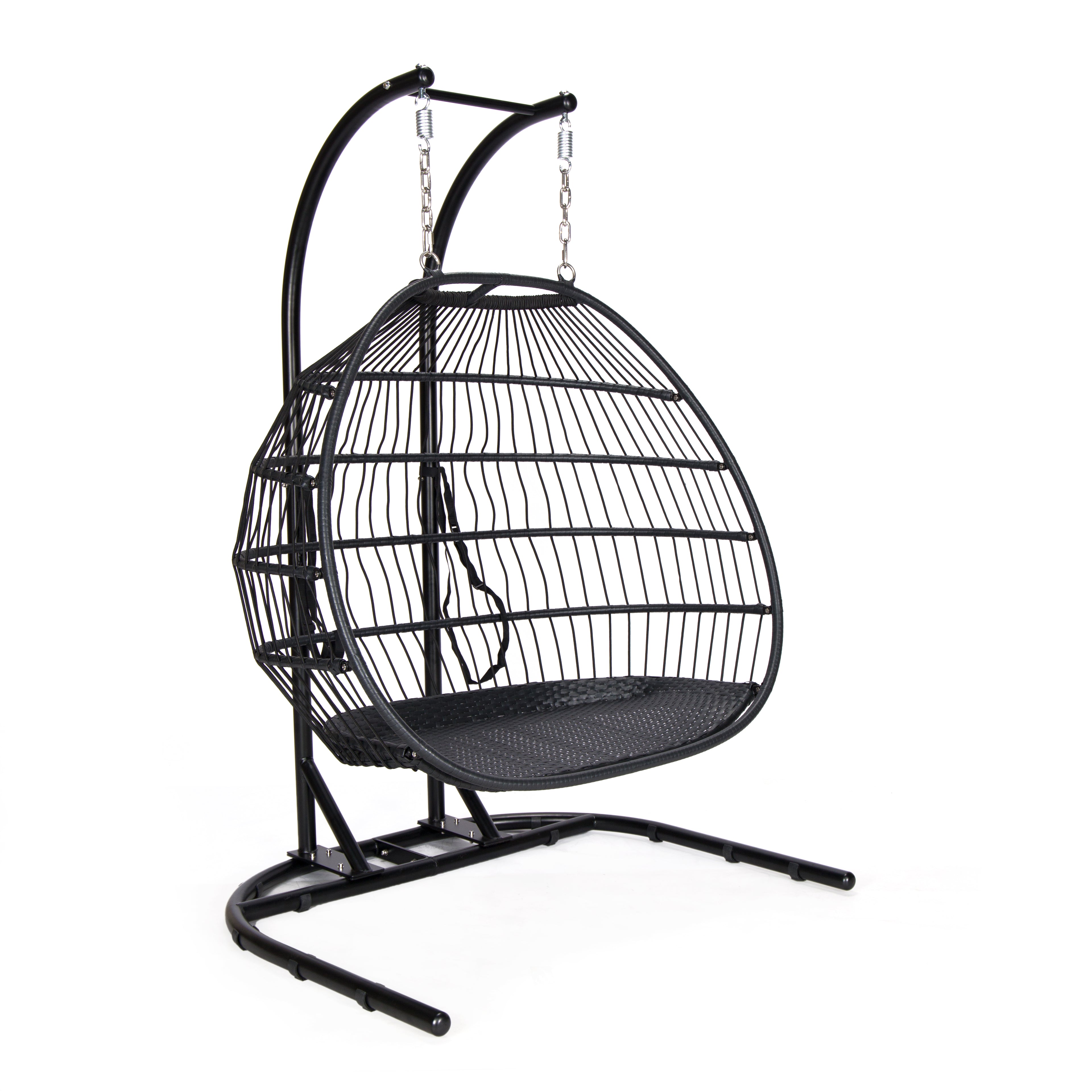 Double Foldable Hanging Egg Chair with Stand – Black Frame & Beige Cushion