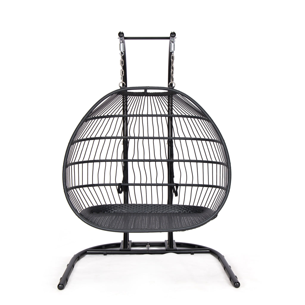 Double Foldable Hanging Egg Chair with Stand – Black Frame & Beige Cushion