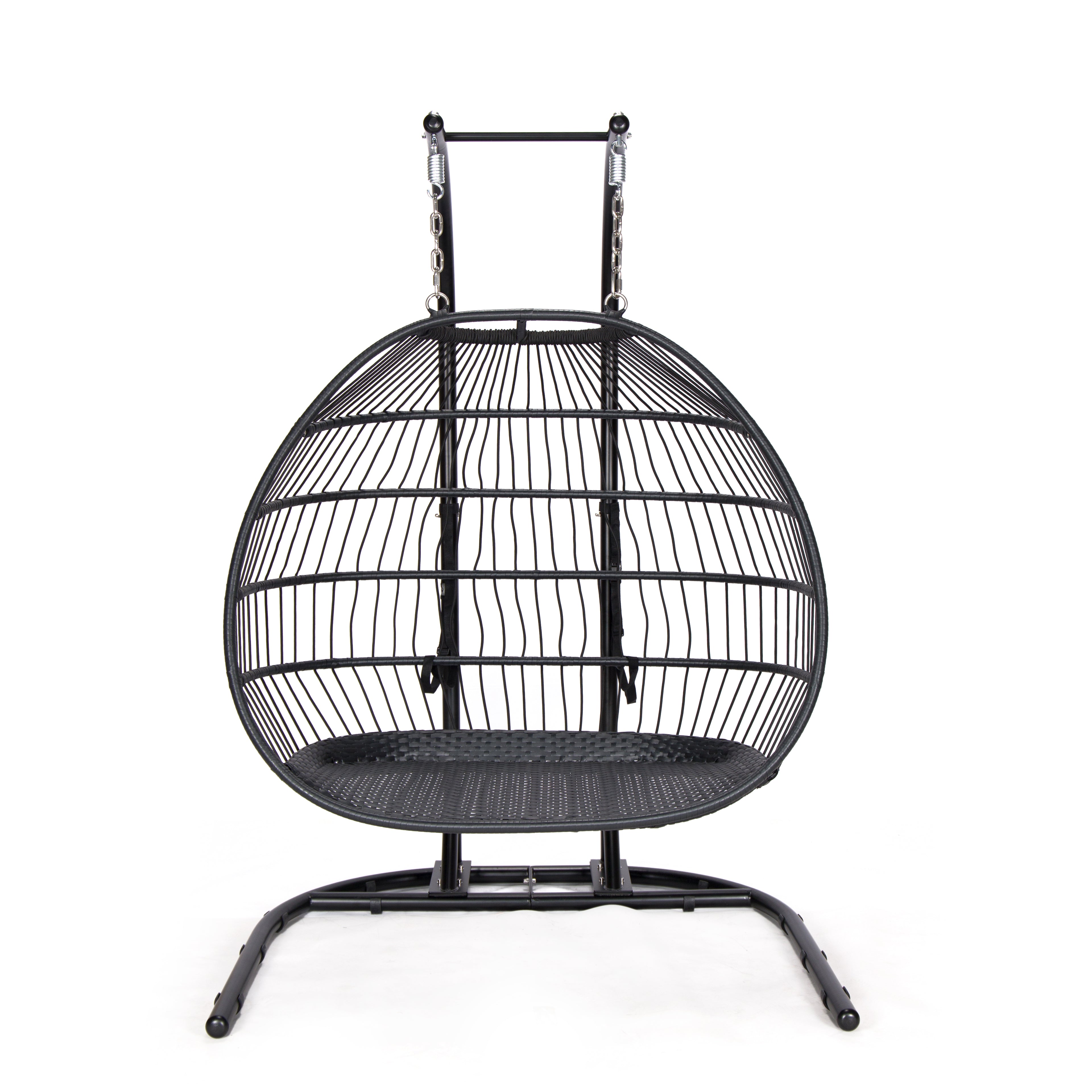 Double Foldable Hanging Egg Chair with Stand – Black Frame & Beige Cushion