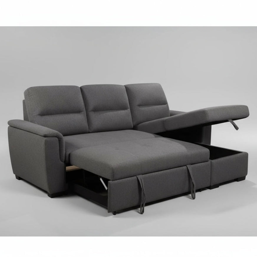 Gray sectional sofa with storage drawers in a living room setting