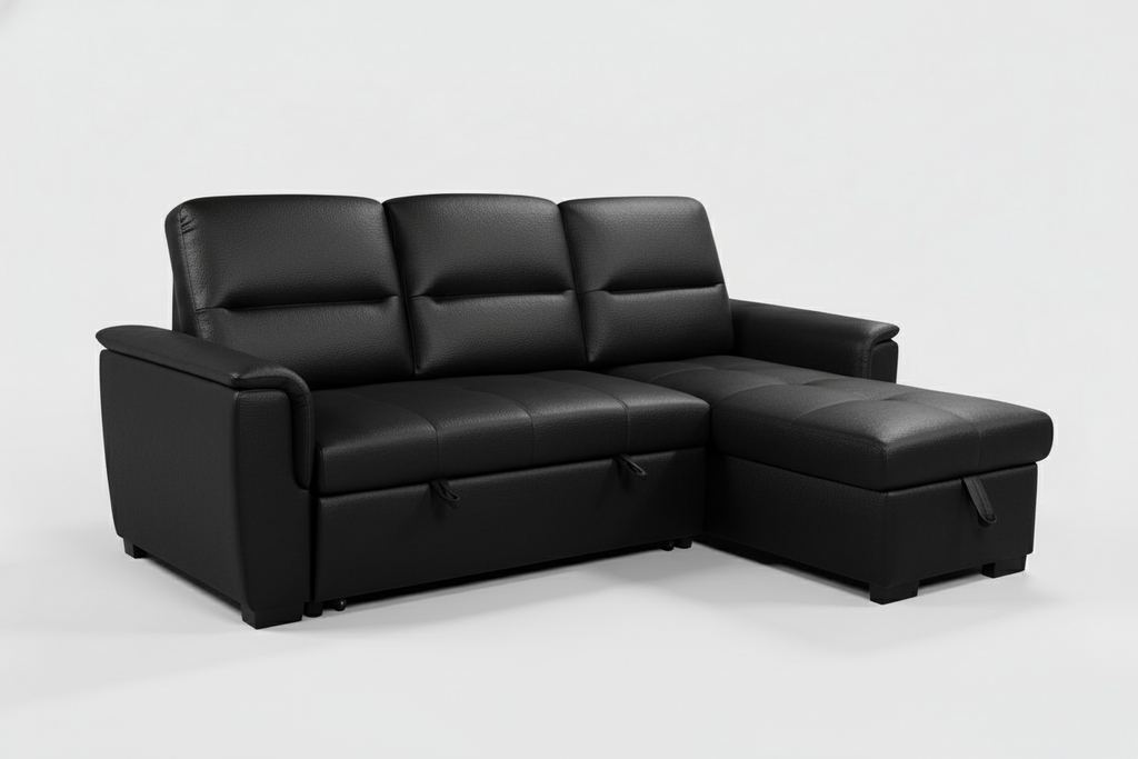 Mato Sectional Sofa Bed with Storage & Reversible Chaise – Black Leather