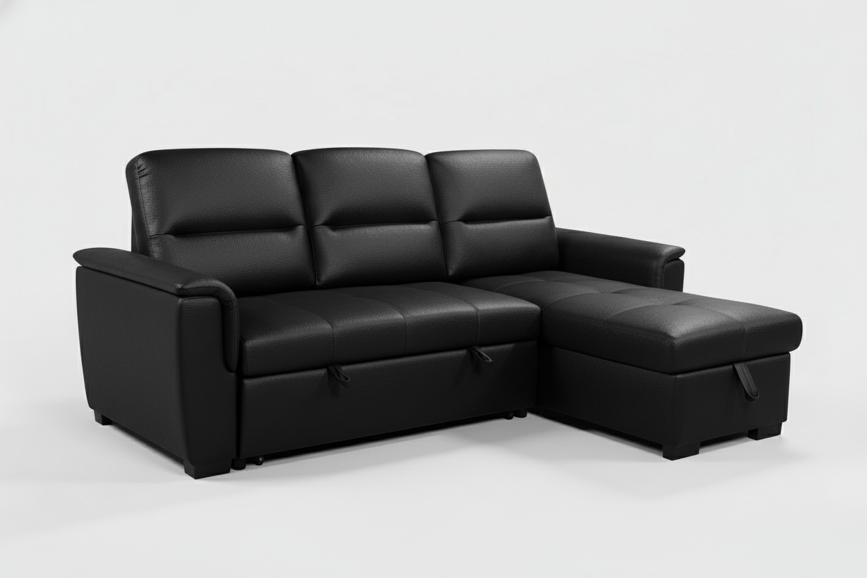 Mato Sectional Sofa Bed with Storage & Reversible Chaise – Black Leather