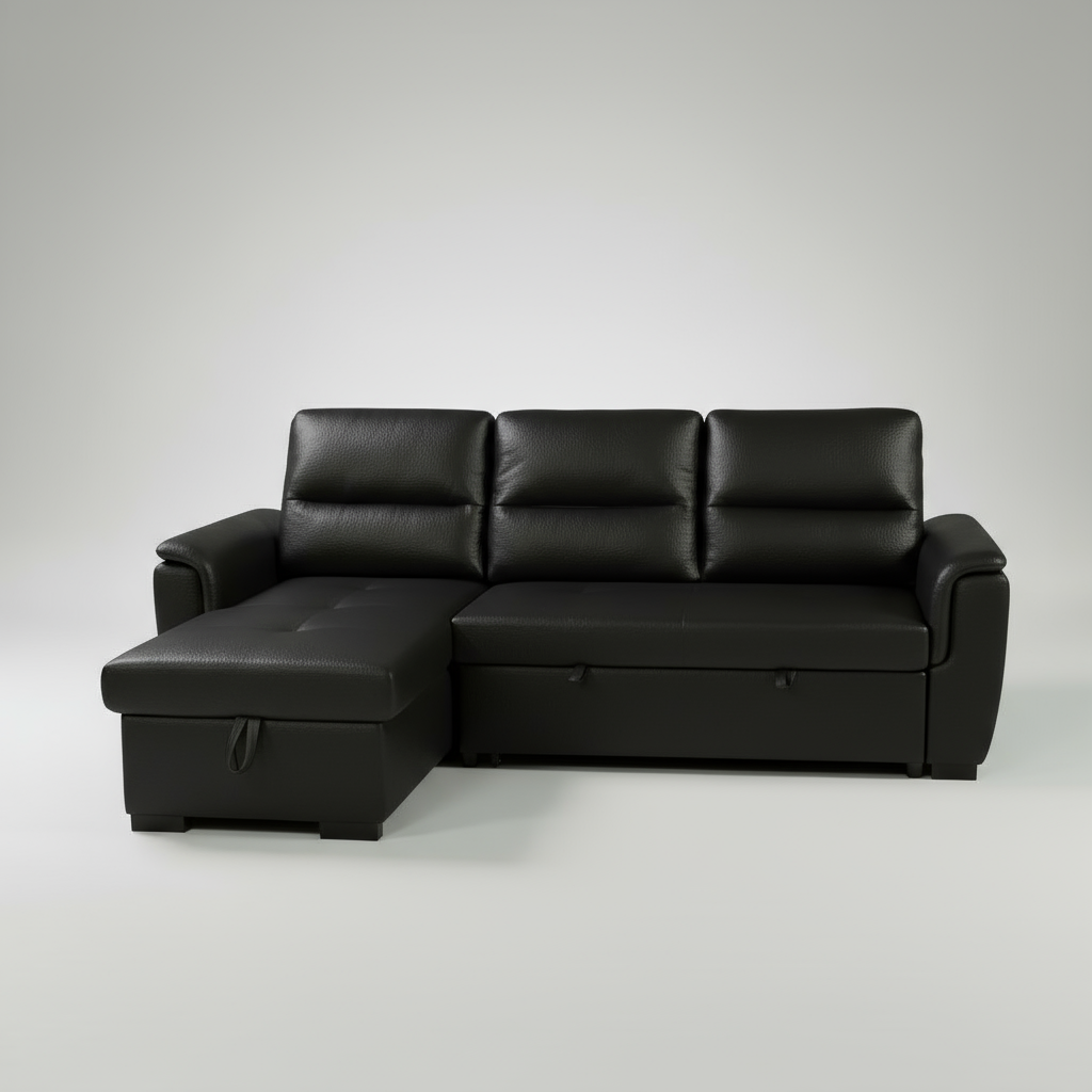 Mato Sectional Sofa Bed with Storage & Reversible Chaise – Black Leather