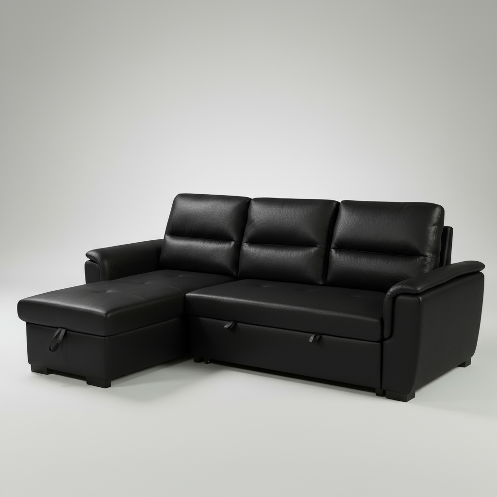 Mato Sectional Sofa Bed with Storage & Reversible Chaise – Black Leather