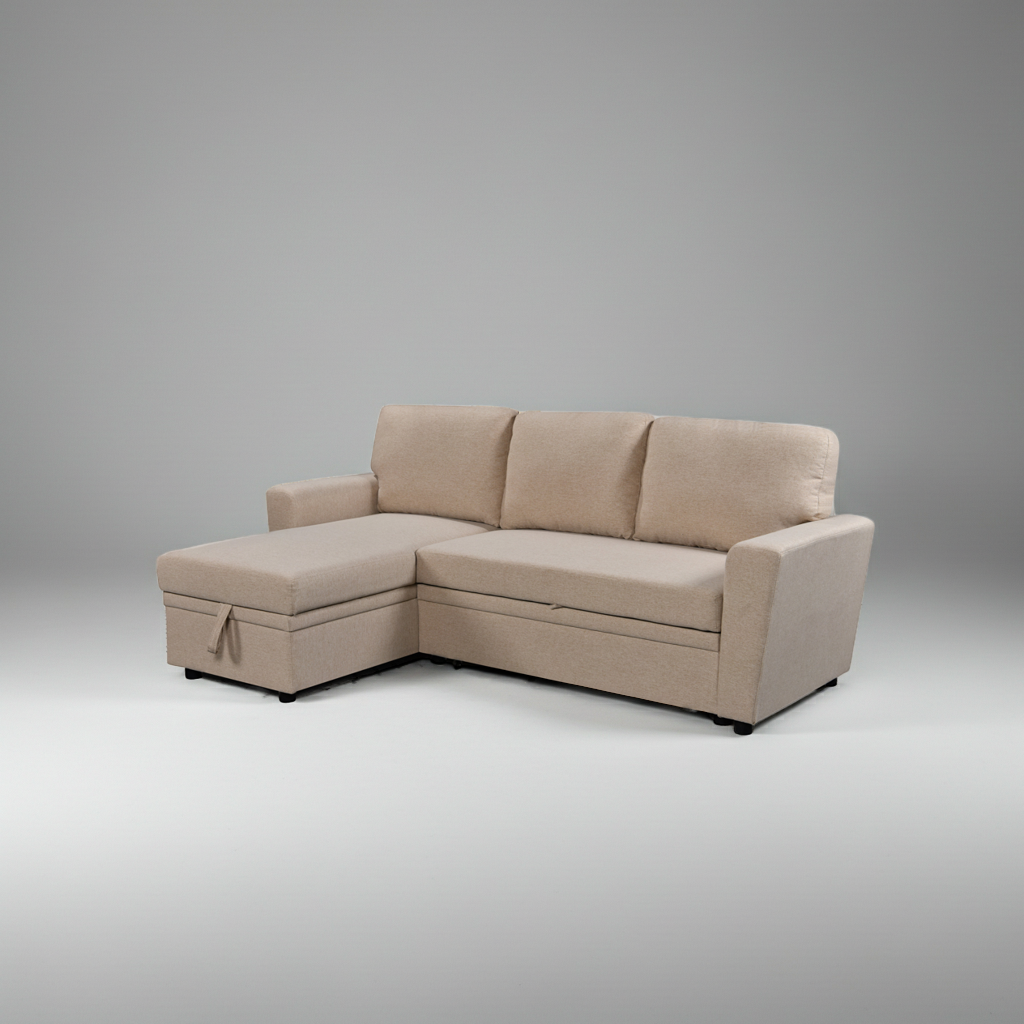 Jazz Sectional Sofa Bed with Storage & Reversible Chaise – Beige Fabric