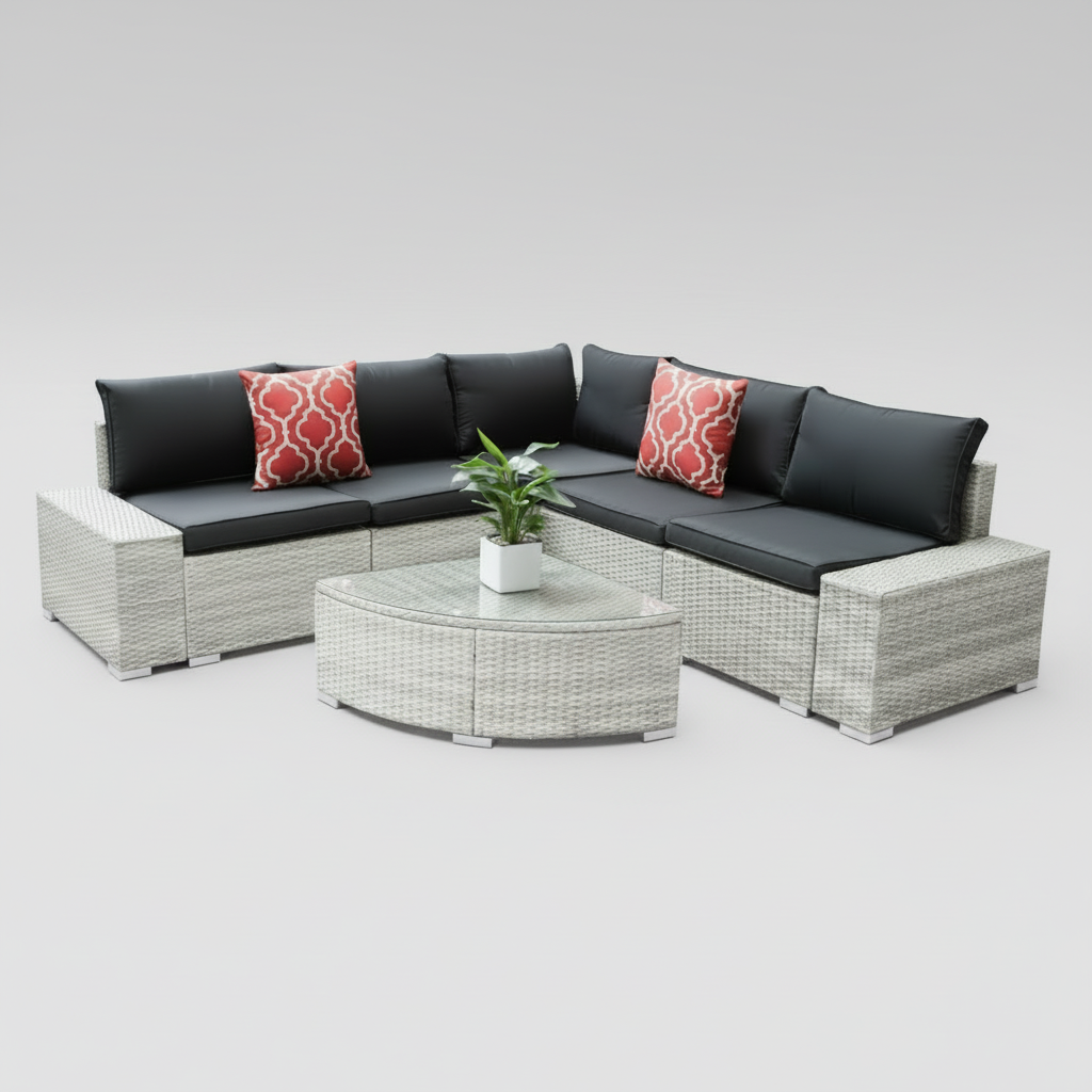 Outdoor furniture set with a sectional sofa and round coffee table on a neutral background