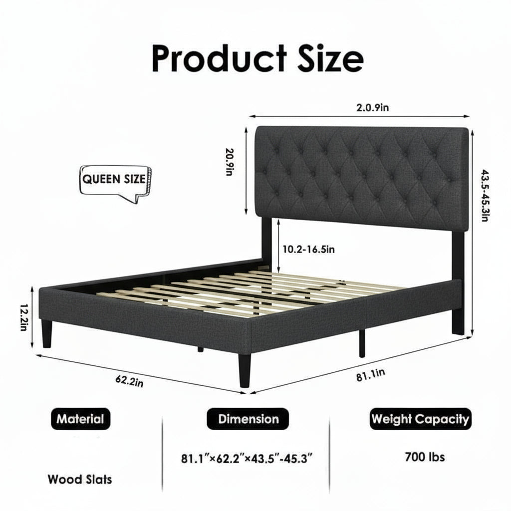 Black tufted bed frame with dimensions and product details on a white background