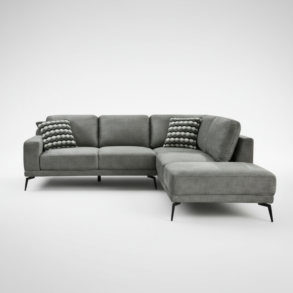 Gray sectional sofa with textured backrest pillows on a white background