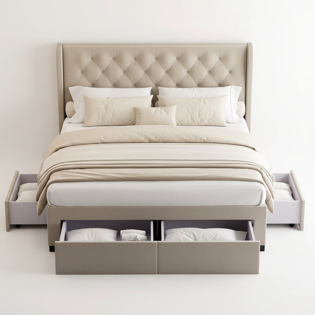 A modern platform bed with a tall tufted headboard and storage drawers at the base, dressed in neutral bedding and flanked by matching nightstands in a bright bedroom setting.