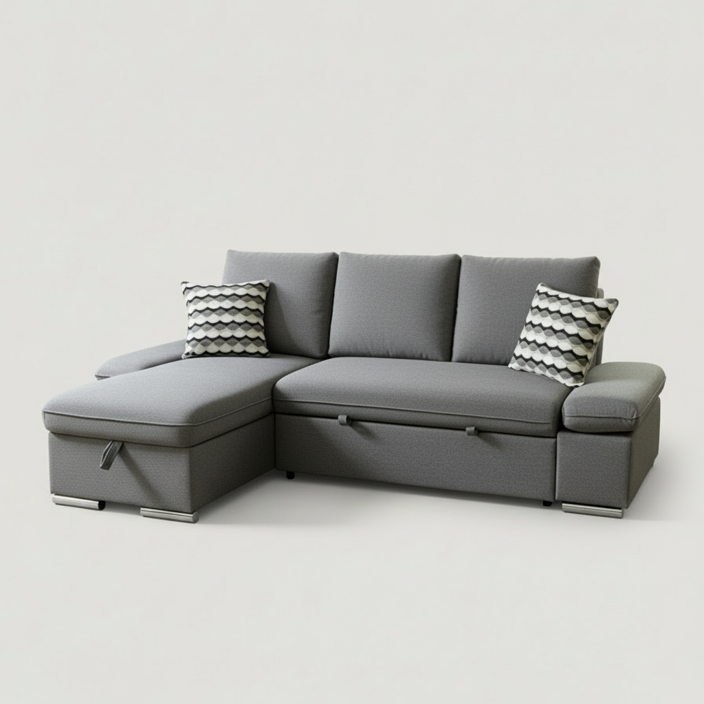 Zoey Sectional Sofa Bed with Reversible Chaise, Storage & Pullout Queen Bed – Dark Grey