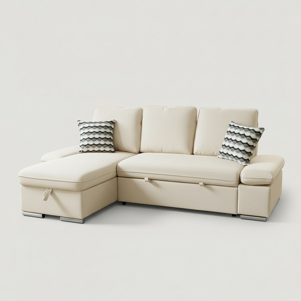 Beige sectional sofa with patterned cushions on a light gray background