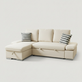 Beige sectional sofa with patterned cushions on a light gray background
