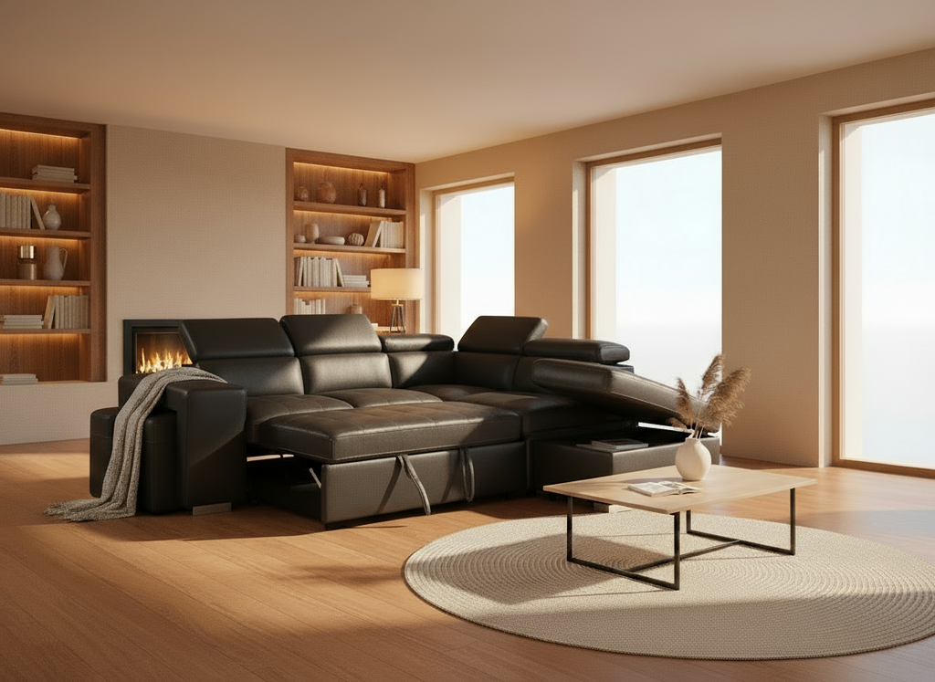 Black leather sectional sofa on a white background