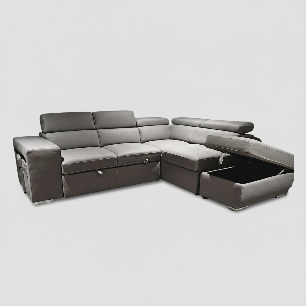 Gray sectional sofa with storage drawers on a white background
