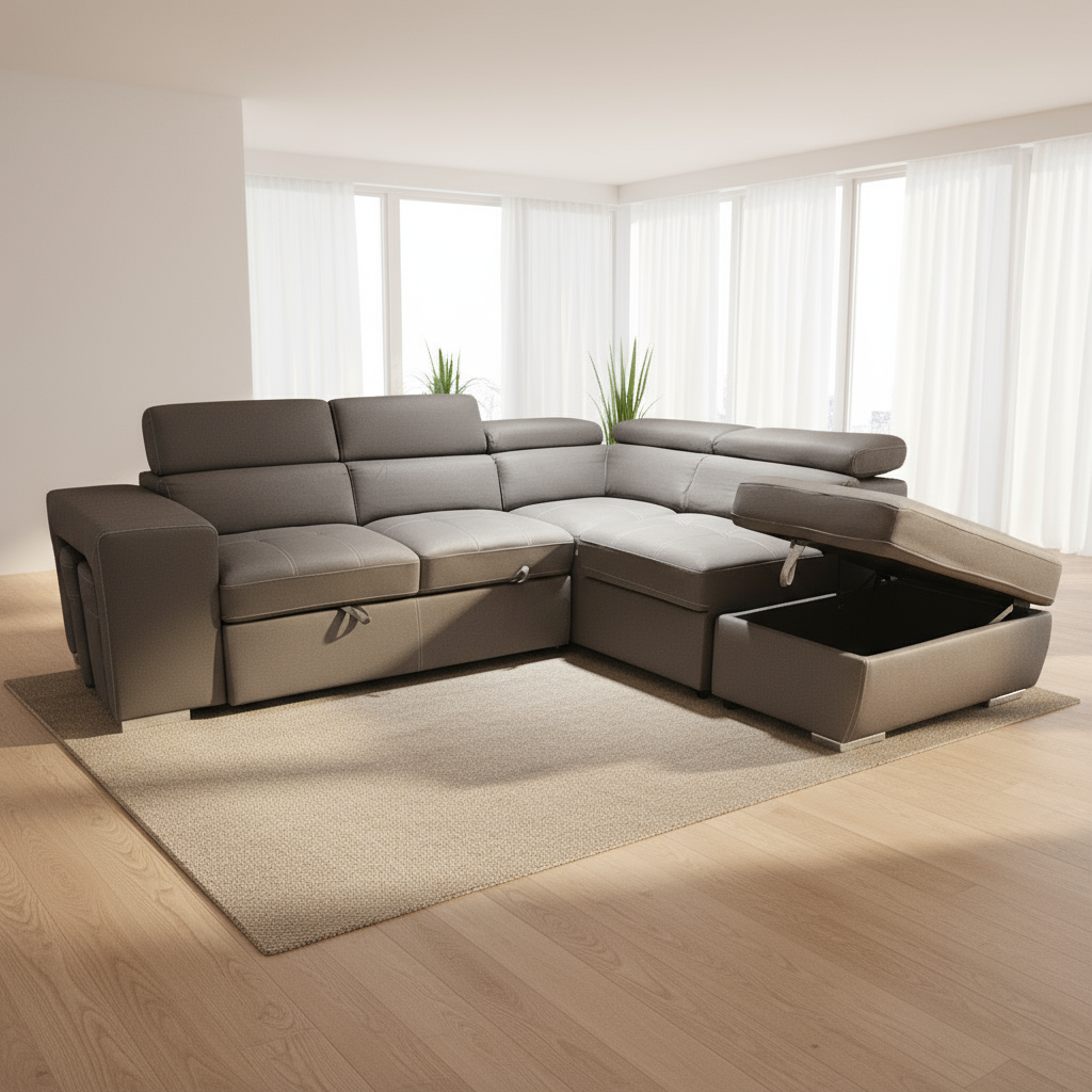 Sicily 3-Seater Sectional Sofa Bed with Ottoman - 2 stools  - Grey Vegan Suede