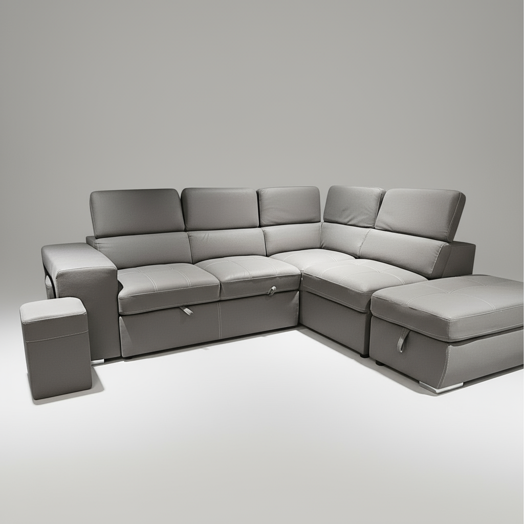Gray sectional sofa with storage on a white background
