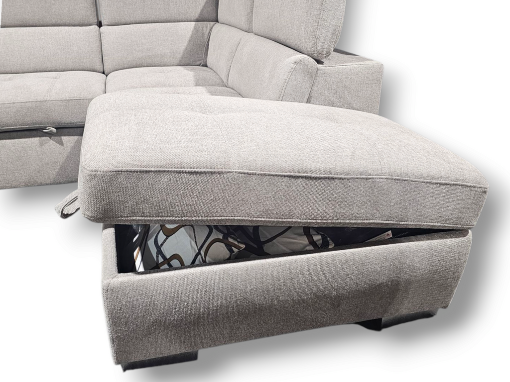 Gray fabric recliner with storage compartment on a white background