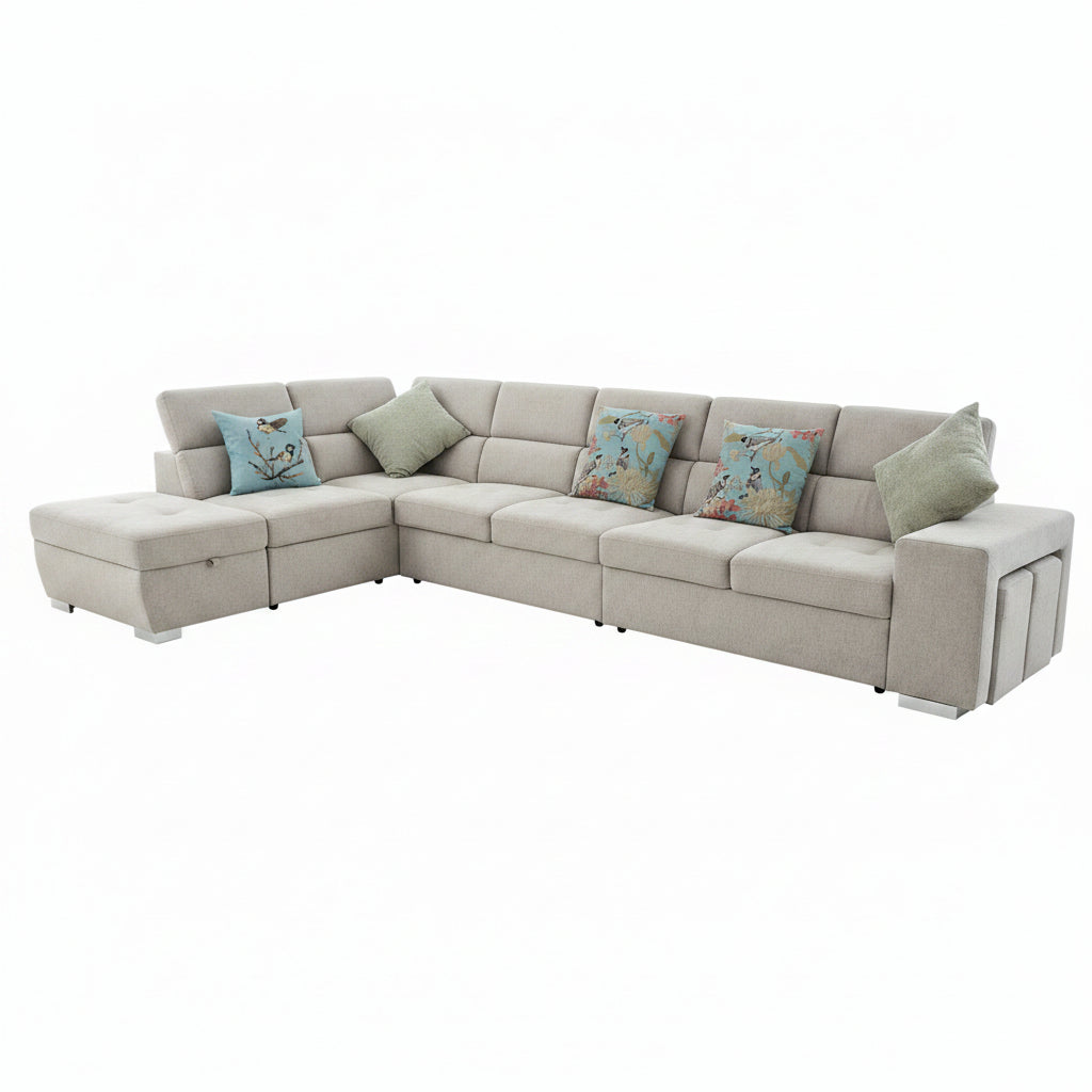 Living room with a sectional sofa, coffee table, and framed photos on the wall.