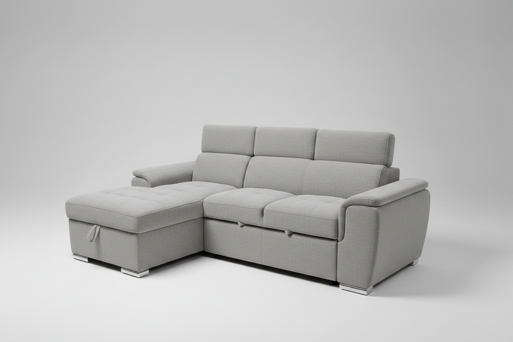 Spencer 3-Seater Light Grey Sofa Bed with Storage Chaise & Adjustable Headrests