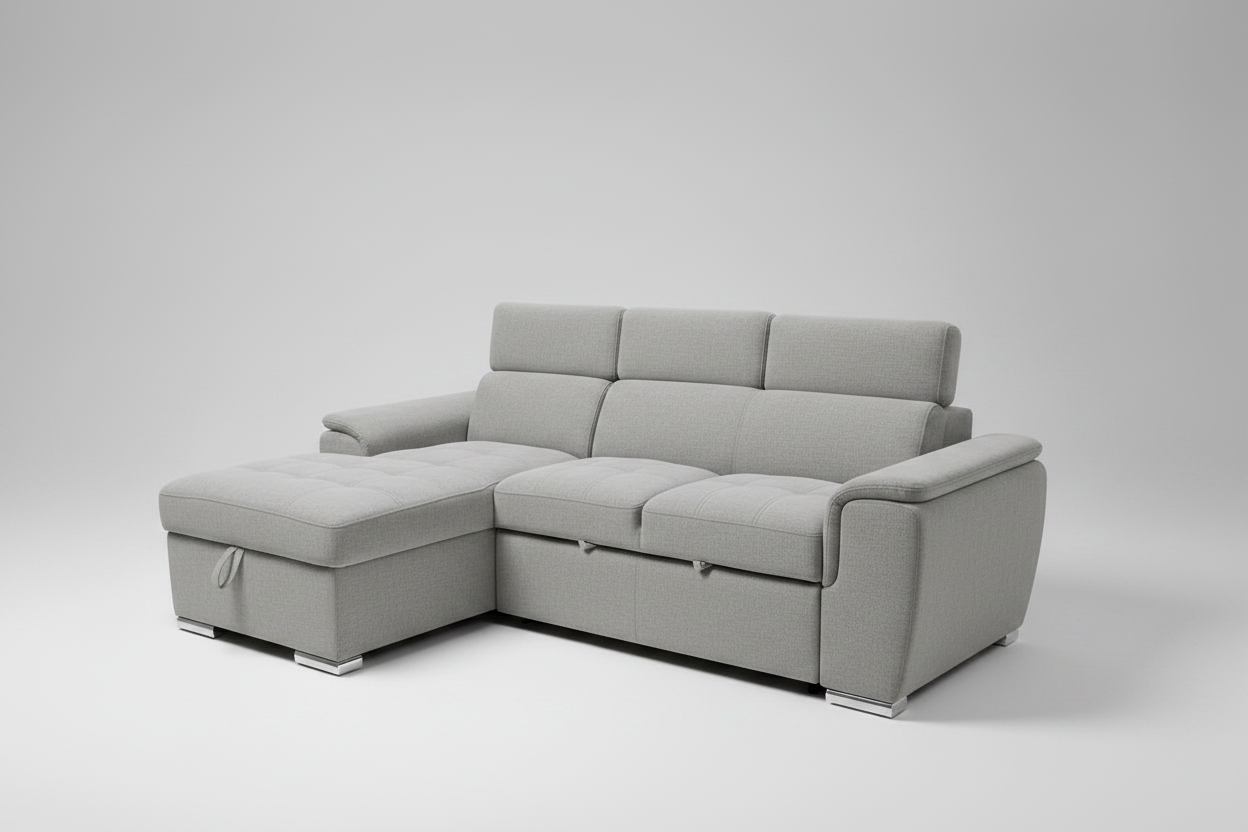 Spencer 3-Seater Light Grey Sofa Bed with Storage Chaise & Adjustable Headrests