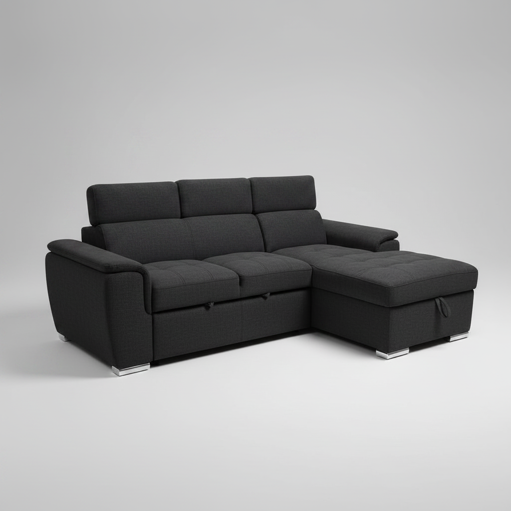 Spencer 3-Seater Dark Grey Sofa Bed with Reversible Storage Chaise & Adjustable Headrests